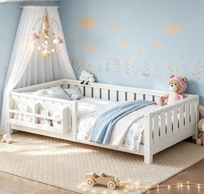 Bellemave Twin Floor Bed with high Rails and with Built-in Bookshelf for Kids, Girls, Boys, Wood Montessori Floor Bed Without Door, White