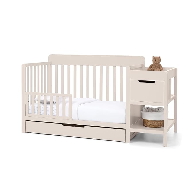 Delta Children Maya 5-in-1 Convertible Crib and Changer with Storage, Converts to Toddler Bed, Daybed, Sofa & Full Bed, Greenguard Gold Certified, 3 Mattress Heights for Baby, Soft Beige