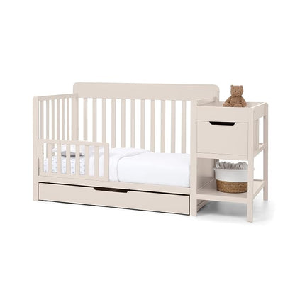 Delta Children Maya 5-in-1 Convertible Crib and Changer with Storage, Converts to Toddler Bed, Daybed, Sofa & Full Bed, Greenguard Gold Certified, 3 Mattress Heights for Baby, Soft Beige