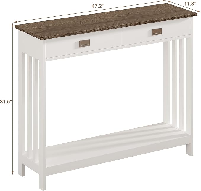 ChooChoo 47" Farmhouse Entryway Table with Drawer, Narrow Console Table with Storage Shelf, Sofa Table for Living Room, Entryway, and Hallway, White and Brown