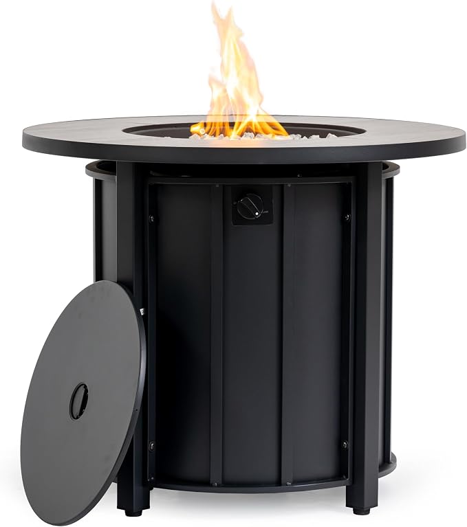 30" Propane Gas Fire Pit Table, 50000 BTU Round Outdoor Fire Pit with Wood Grain Ceramic Tabletop, Steel Patio Fire Table with Lid & Rain Cover for Backyard Deck Garden, Black