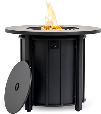30" Propane Gas Fire Pit Table, 50000 BTU Round Outdoor Fire Pit with Wood Grain Ceramic Tabletop, Steel Patio Fire Table with Lid & Rain Cover for Backyard Deck Garden, Black