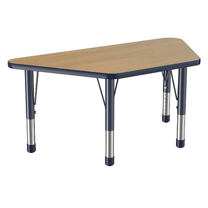Factory Direct Partners FDP Trapezoid (24 x 48 inch) Classroom Table with Adjustable Chunky Toddler Legs (15-24 in) Preschool, Kinder and Daycare Furniture - Pasadena Oak Top/Navy Edge and Legs