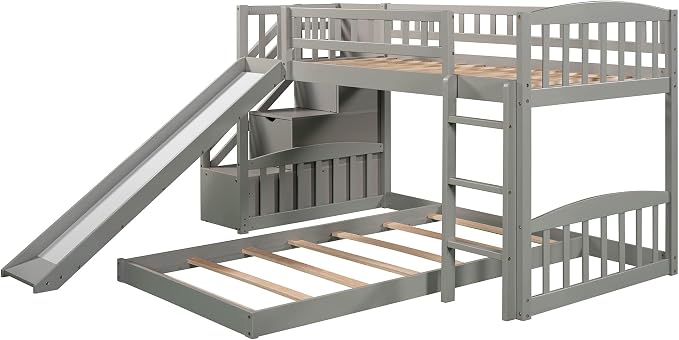 Ball & Cast Twin Over Twin Size Bunk Bed with Two Drawers and Slide,Wood Bunkbed w/Full-Length Guardrails & Storage Ladder,Space Saving,Slat Support,Bedframe for Child's Bedroom,Gray