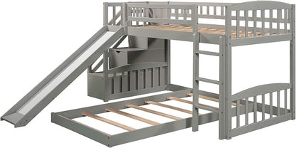 Ball & Cast Twin Over Twin Size Bunk Bed with Two Drawers and Slide,Wood Bunkbed w/Full-Length Guardrails & Storage Ladder,Space Saving,Slat Support,Bedframe for Child's Bedroom,Gray