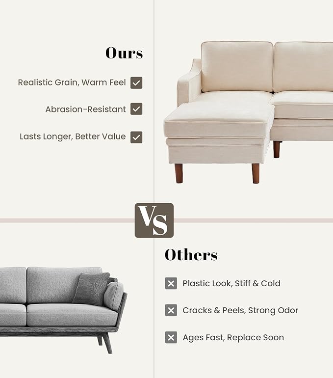 Kingfun 88" L-Shape Sofa, Chenille Sectional Couch, Mid Century Modern Couches with Solid Wood Frame for Living Room Bedroom