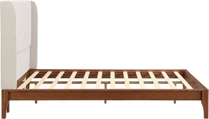 Merax Queen Size Bamboo Platform Bed, Mid-Century Bed Frame with Tall Upholstered Headboard, Wood Slat Support, No Box Spring Needed, Easy Tool-Free Assembly, Beige+Brown