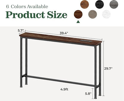 SUPERJARE 5.7 Inch Console Table with Outlet, Sofa Table, Behind Couch Table, 5.7 x 39.4 x 29.7 Inches, Metal Frame, for Living Room, Hallway, Walnut