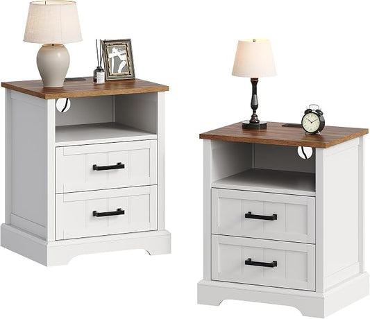 ChooChoo Farmhouse Night Stands with Charging Station, Wood Nightstand Set of 2 with 2 Drawers, Bedside Table with Open Storage Shelf for Bedroom, White