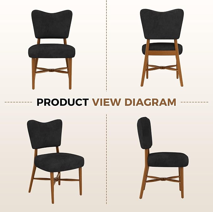 Farmhouse Dining Chairs Set of 2, Linen Seat, Wood Legs, Black | Mid Century Modern, Upholstered Padded Cushion, Solid Wood Cross-Brace, Easy 15-Min Assembly, Kitchen Dining Room