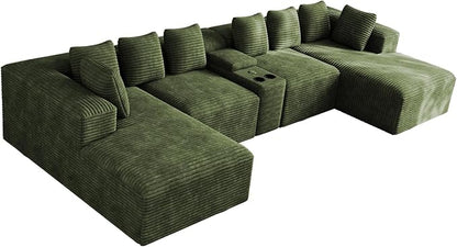 143" Oversized U Shaped Cloud Sectional Couches for Living Room, Comfy Fluffy Corduroy Green Boneless Couch, Large Modular Sectional Sofa Set with Chaise, Cup Holder, USB Port, Storage Console