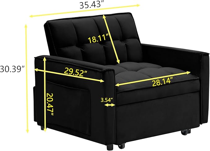 Sleeper Chair, Pull Out Chair Sleeper with Adjustable Back & Pocket, Convertible Chairs Bed Sleepers for Adults, 3 in 1 Sofa Bed Chairs for Small Spaces, Living Room, Black
