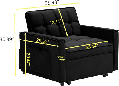 Sleeper Chair, Pull Out Chair Sleeper with Adjustable Back & Pocket, Convertible Chairs Bed Sleepers for Adults, 3 in 1 Sofa Bed Chairs for Small Spaces, Living Room, Black