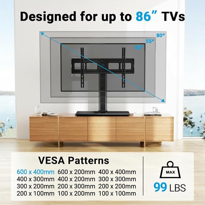PERLESMITH Swivel Universal TV Stand Mount for 32-86 Inch LCD OLED Flat/Curved Screen TVs up to 99lbs-Height Adjustable Table Top TV Stand/Base with Tempered Glass Base&Wire Management,VESA 600x400mm
