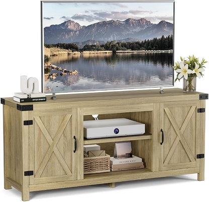 YESHOMY Modern Farmhouse TV Stand with Two Barn Doors and Storage Cabinets for Televisions up to 65+ Inch,Entertainment Center Console Table,Media Furniture for Living Room,Yellow Oak