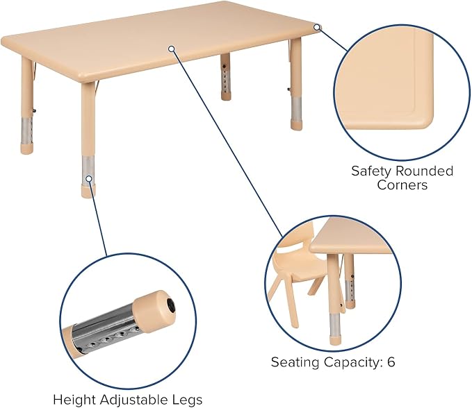 Flash Furniture Wren 24"W x 48"L Rectangular Natural Plastic Height Adjustable Activity Table