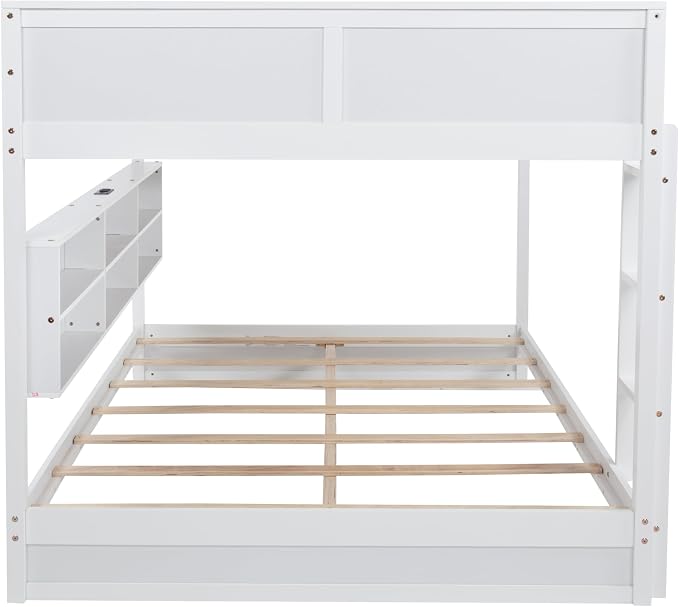 RUNNA Queen Over Queen Bunk Bed with Storage,Charging Station,White | Queen over queen bunk bed with storage cabinets,USB,solid wood frame,guardrails,no box spring needed,space saving, white