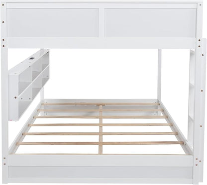 RUNNA Queen Over Queen Bunk Bed with Storage,Charging Station,White | Queen over queen bunk bed with storage cabinets,USB,solid wood frame,guardrails,no box spring needed,space saving, white