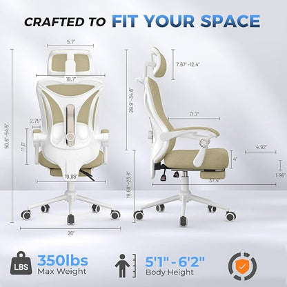 CYKOV Ergonomic Office Chair with Footrest - Adjustable Lumbar Support & Headrest, 90-135° Reclining Mesh Back Computer Chair - Home Office/Gaming, 350lbs Capacity