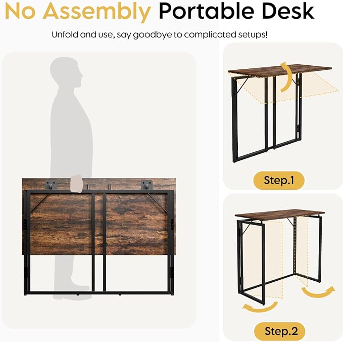 alawooder 39.4" Folding Desk: No Assembly, Wood Top for Small Spaces | 39.4 in dual-monitor workspace, holds 150 lbs, folds flat to 2.3 in, splash-proof top, home office or gaming