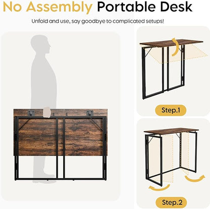 alawooder 31.5" Folding Desk: No Assembly, Wood Top for Small Spaces | Home office desk, holds 150 lbs, folds flat to 2.3 in, splash-proof wood top, sturdy metal frame