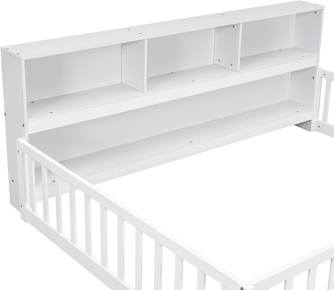 Bellemave Kids Montessori Floor Bed,Full Size Floor Bed with Bookcase and Shelves,Full Bed Frame with Guardrails for Kids,Girls,Boys,Full,White