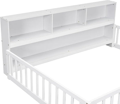 Bellemave Kids Montessori Floor Bed,Full Size Floor Bed with Bookcase and Shelves,Full Bed Frame with Guardrails for Kids,Girls,Boys,Full,White