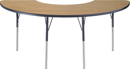 FDP Half Moon (36 x 72) Classroom Teacher Table with Adjustable Standard Swivel Glide Legs (19-30 in) School and Office Furniture - Pasadena Oak Top/Navy Edge and Legs