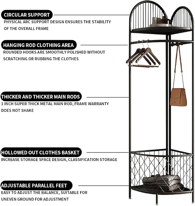 HKaikzo Corner Hall Tree, Coat Rack with 6 Metal Movable Hooks and Storage Basket Coat Rack Design Clothing Rack for Bedroom Entryway Hallway