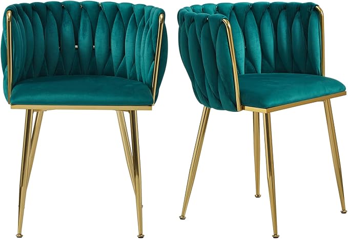 Velvet Dining Chairs Set of 2, Modern Dining Chair with Golden Metal Legs, Woven Upholstered Dining Chairs for Dining Room, Kitchen, Vanity, Living Room (Green)