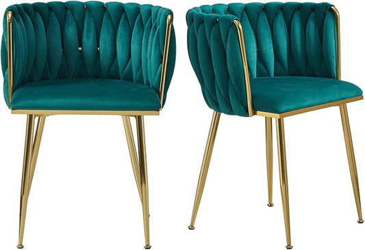 Velvet Dining Chairs Set of 2, Modern Dining Chair with Golden Metal Legs, Woven Upholstered Dining Chairs for Dining Room, Kitchen, Vanity, Living Room (Green)