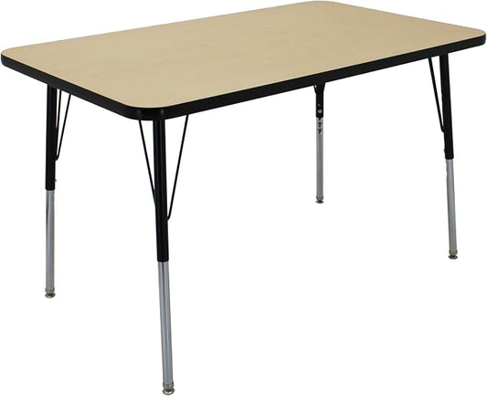 FDP Rectangle Activity School and Office Table (30 x 48 inch), Standard Legs with Swivel Glides, Adjustable Height 19-30 inches; Quick Ship Single Box - Maple Top and Black Edge