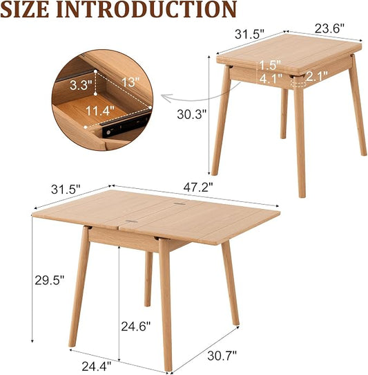 Solid Wood Small Dining Table, 23.6"L-47.2"L Expandable Kitchen Table for 2-6, Designed for Small Spaces, Easy Assembly, Suitable for Kitchen, Dining Room, Living Room, Apartment (Natural)