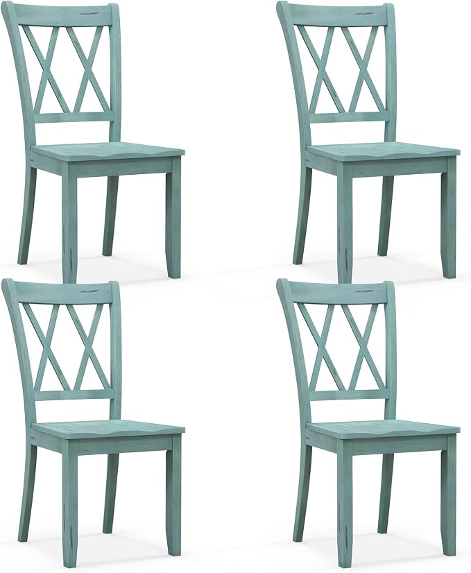 SIMOE Set of 4 Wooden Dining Chairs, Mid Century Farmhouse Kitchen Chairs, Solid Rubberwood Armless Side Chairs with High Back, Ergonomic Seats for Dining Room Living Room, Green
