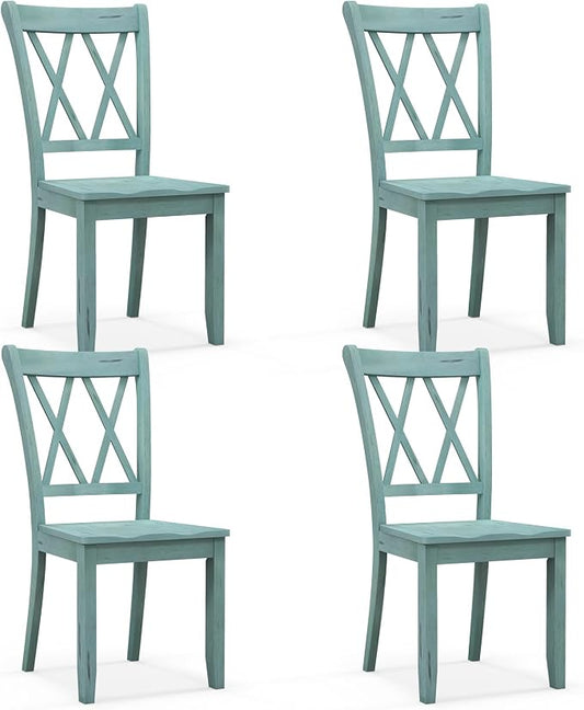 SIMOE Set of 4 Wooden Dining Chairs, Mid Century Farmhouse Kitchen Chairs, Solid Rubberwood Armless Side Chairs with High Back, Ergonomic Seats for Dining Room Living Room, Green