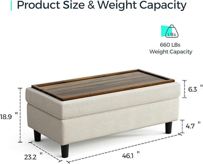 LINSY HOME 46 Inches Wide Storage Ottoman Bench, Linen Coffee Table Folding Long Shoes Bench Footstool, Storage Chest, Foot Rest Stool, for The Living Room, Entryway and Family Room(Beige)
