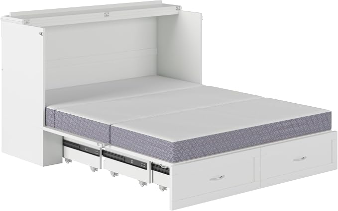 AFI Hamilton Queen Murphy Bed Chest with Mattress, Storage, and Built-in Charger in White