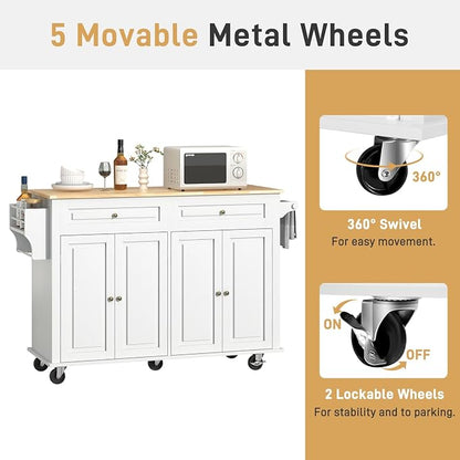 Hlivelood 55" Movable Kitchen Island with Drop Leaf and Power Outlet, Rolling Island Cart w/Storage Cabinet, Island Table on Wheels for Kitchen w/2 Drawers, Spice Rack, Towel Bar, Garage Hook, White