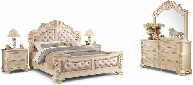 First of a Kind Victoria Off White Traditional 4 Piece Queen Bedroom Set with Upholstered Tufted Headboard Elegant European Inspired Design Coordinated Furniture Collection