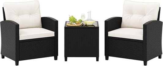 Tangkula 3 Piece Patio Furniture Set, Rattan Conversation Set w/Soft Seat & Back Cushions, Tempered Glass Topped Coffee Table, Cushioned Wicker Seating Set for Backyard, Porch, Poolside (Off White)