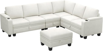 Belffin Chenille Modular Sectional Sofa Convertible L Shaped Corner Couches for Living Room with Storage Armrest with Cup Holder White Couch