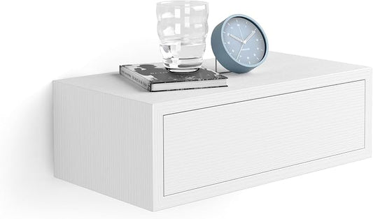 Mobili Fiver, Riccardo Floating nightstand, Ashwood White, 17.7" x 9.8" x 6.1 ", Melamine-Finished, Modern Bedside Table, End Table, Italian Furniture