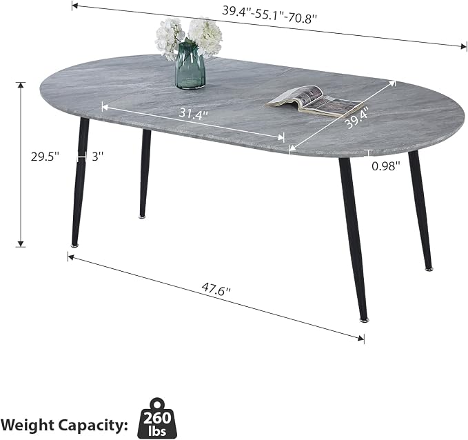 Extendable Round Dining Table for 4 6 Wooden Dining Room Table 39" to 70" Modern Kitchen Table for Dining Room Office Expandable Oval Dinner Table with MDF Top and Wood Legs Grey