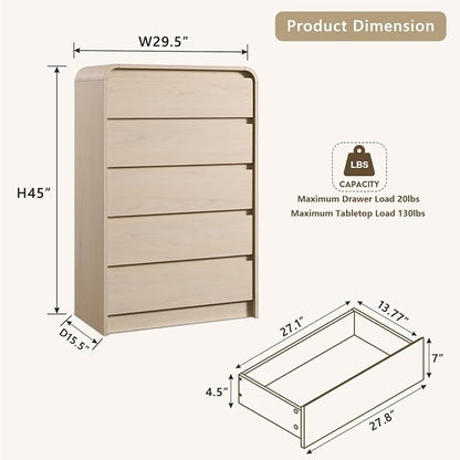 Aitjunz Modern 5 Drawers Dresser for Bedroom, 45" Tall Dressers, Cream | Wood Dressers & Chests of Drawers w/Curved Profile Design, Mid Century Vertical Dresser with Handleless Design for Bedroom