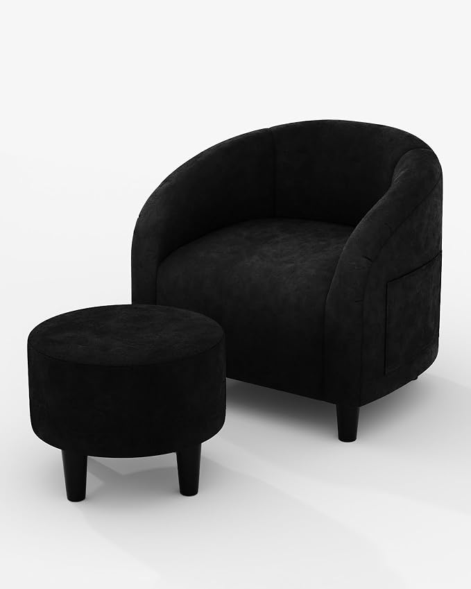 GarveeHome Accent Chair with Ottoman, Velvet Side Chairs for Living Room, Modern Armchair for Bedroom, Round Club Chair for Small Space, Black