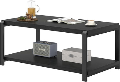 EXCEFUR Black Coffee Table, Modern Rustic Wood Center Table for Living Room, Industrial Rectangle Cocktail Tea Table with Storage Shelf