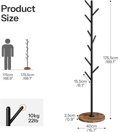 HOOBRO Coat Rack Stand with 9 Hooks, Metal Freestanding Coat Tree with Wooden Base, Heavy Duty Hall Tree for Entryway, Space Saving Coat Hanger Stand with Thickened Base, Rustic Brown BF11YM01