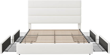 Allewie Modern Full Size Platform Bed Frame with 4 Storage Drawers and Velvet Upholstered Headboard, Wooden Slats Support, Upholstered Mattress Foundation/No Box Spring Needed/Easy Assembly, White