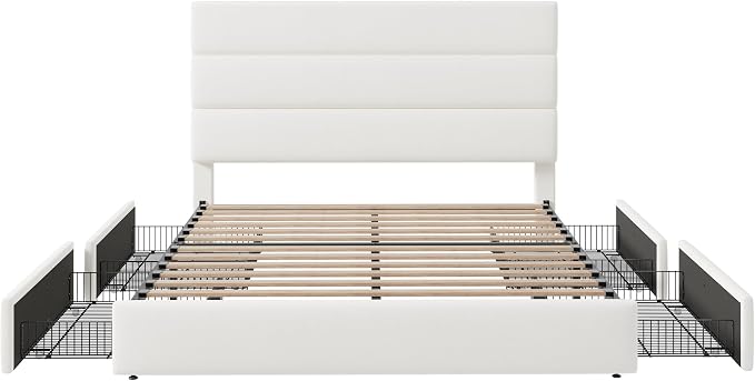 Allewie Modern Queen Size Platform Bed Frame with 4 Storage Drawers and Velvet Upholstered Headboard, Wooden Slats Support, Upholstered Mattress Foundation/No Box Spring Needed/Easy Assembly, White