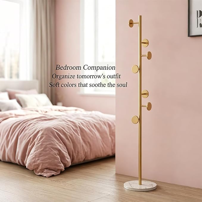 Coat Rack Freestanding Gold Clothes Rack with Marble Base & 7 Staggered Round Hooks, Heavy Duty Stable Coat Hanger Garment Stand for Entryway Bedroom, Hall Tree Racks for Clothing Hats Bags Purses
